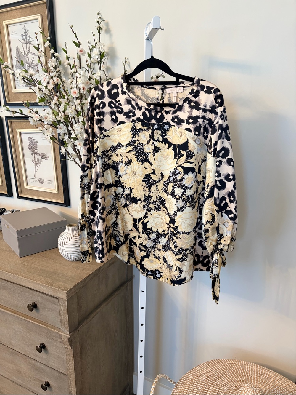 Rebecca Taylor Black and Cream Floral-Leopard Pullover Blouse